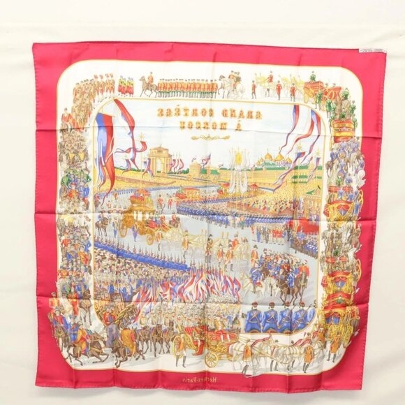 HERMES Carre 90 Scarf ""GRAND CORTEGE A MOSCOU"" Silk Red Auth hk2432 - Picture 6 of 16